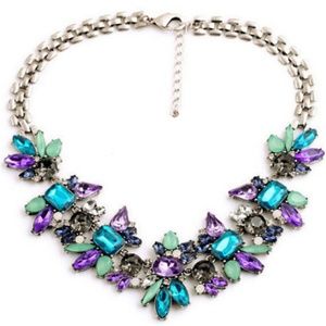 Multi-color crystal choker silver necklace